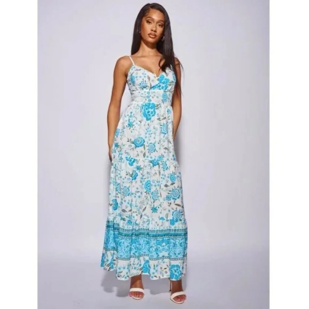 Blue Floral Print V-Neck Open Back Tiered Maxi Dress - Picture 13 of 15